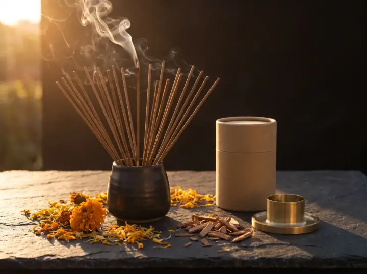Premium Indian incense: a fan of agarbatti sticks in a dark ceramic pot, one burning, marigold petals and sandalwood chips on slate at sunset.