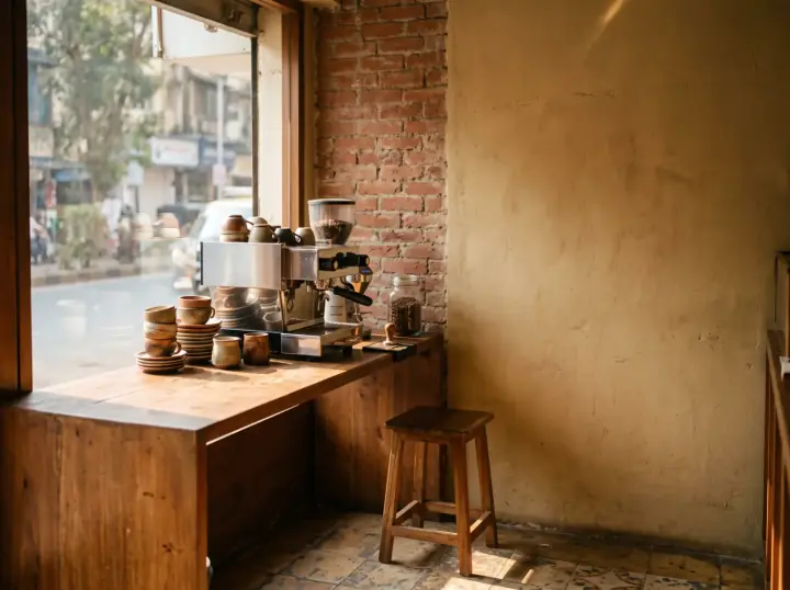 A narrow independent Mumbai coffee counter, espresso machine and stacked ceramic cups in raking window light.