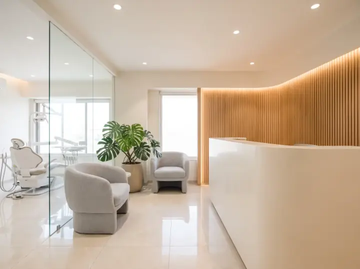The reception of a modern Mumbai dental clinic, curved white desk, backlit oak slatted wall, treatment room behind frameless glass.
