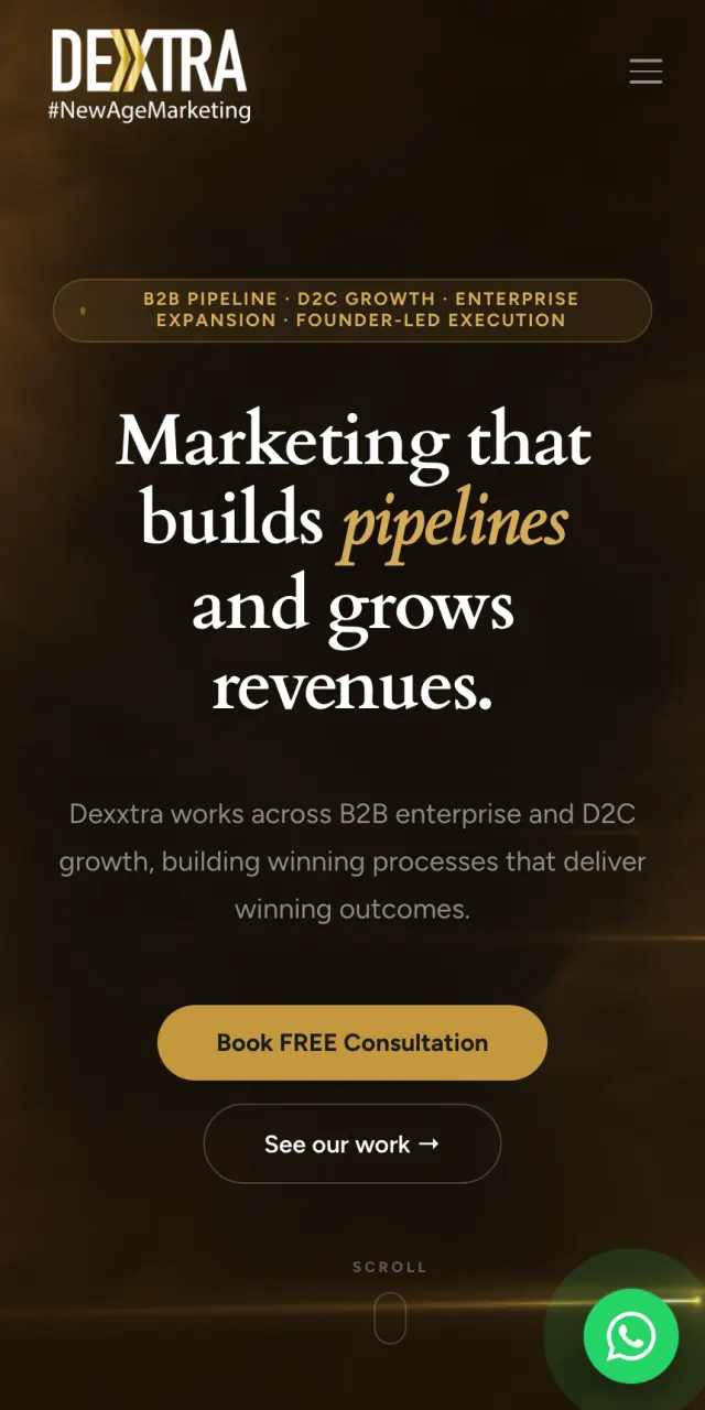 The Dexxtra homepage on a phone: a dark gold-lit hero reading Marketing that builds pipelines and grows revenues, with a Book Free Consultation button.