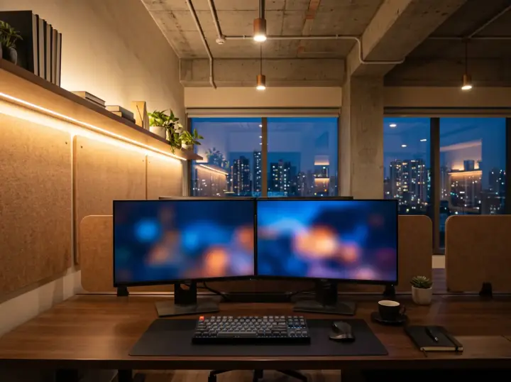 A fintech workspace in Mumbai at blue hour, bench desk and two monitors glowing softly against exposed concrete and city lights.