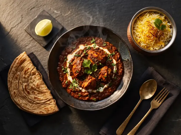 A plated North Indian dish on dark ceramic, saffron rice in a copper bowl and a folded paratha, lit dramatically from the side.