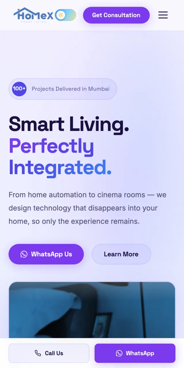 The HomeX Smart Living homepage on a phone: a purple-and-white hero reading Smart Living, Perfectly Integrated, with WhatsApp and Learn More buttons and a fixed call bar at the bottom.