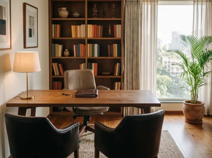 A calm financial advisor's office in Mumbai, walnut desk with two client chairs, leather folder, tall bookshelf, sheer curtains.