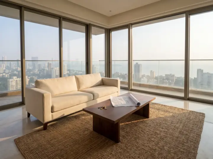 A newly finished Mumbai apartment staged for viewing, floor-to-ceiling glass onto a hazy high-rise skyline, keys on a walnut table.