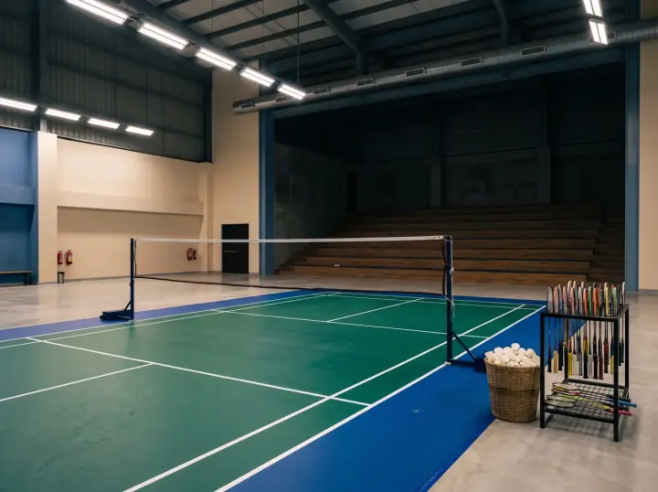 An indoor multi-sport academy court in Mumbai under floodlights, fresh green and blue flooring, crisp white lines, rackets at the edge.