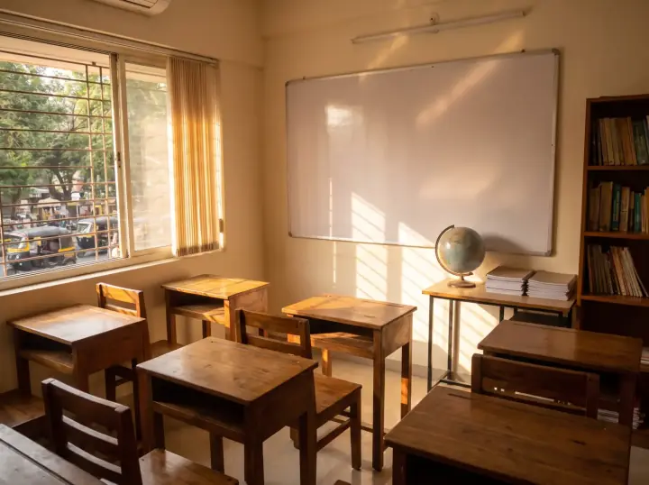 A small Mumbai tuition classroom in late afternoon, six wooden desks facing a blank whiteboard, sunlight in bars across the room.