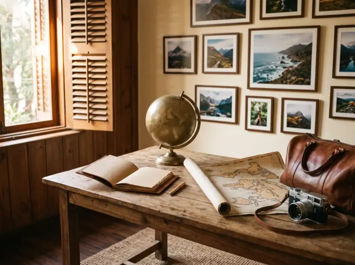 A boutique travel company's planning table, brass globe, rolled canvas map, worn leather bag and film camera in warm shuttered light.